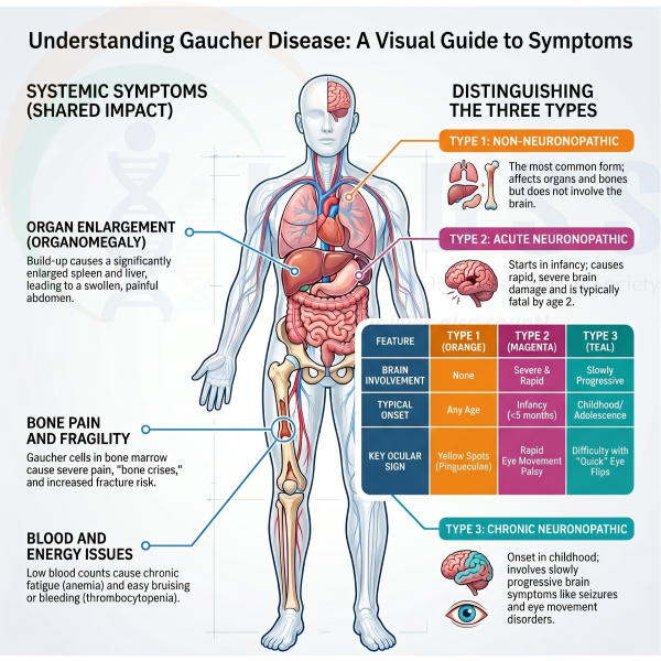 Symptoms of Gaucher disease including enlarged spleen, bone pain, anemia and fatigue